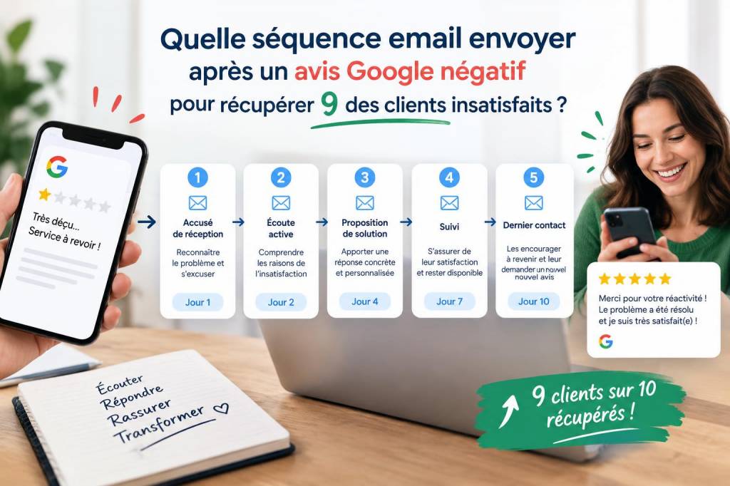 Quelle séquence email envoyer après un avis Google négatif pour récupérer 9 des clients insatisfaits